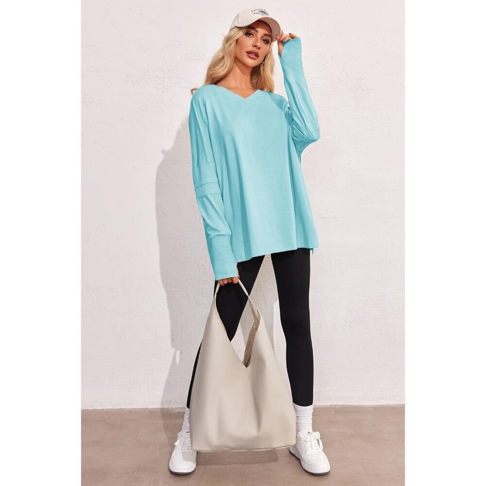 Womens Oversized Long Sleeve V Neck T Shirts Casual Tunic Tops for Leggings - Picture 5 of 6